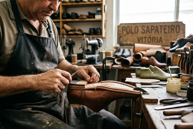 Sapato social em processo de reforma em um ambiente de trabalho especializado.