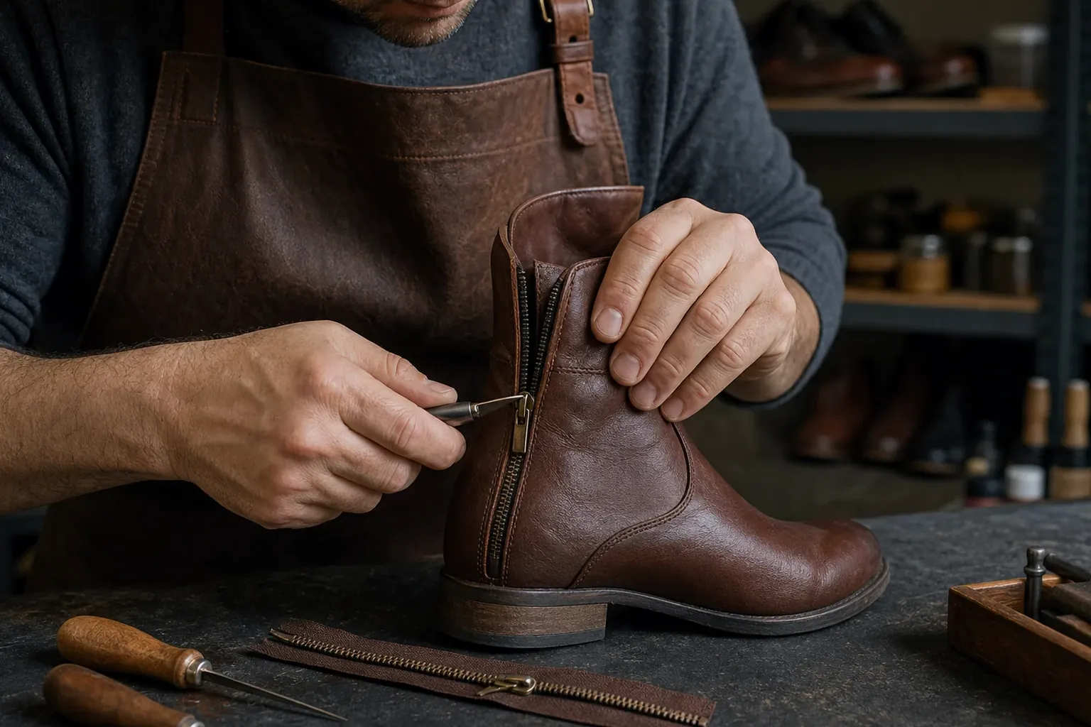 Técnico em Vitória reparando o zíper de uma bota com acessórios adequados.